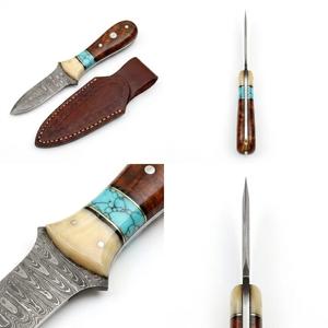 Couteau utilitaire d'extérieur en acier Damas forgé à la main avec manche en os et bois turquoise et étui en cuir cousu - Product Image 6