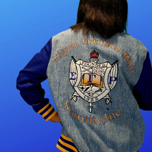 SGRho 1922 Light Blue <b>Denim</b> Bomber <b>Jacket</b> Royal Blue Sleeve Varsity Style Embroidered Crest Sorority College Casual Fashion - Product Image 4
