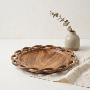 Vintage Luxury Acacia Wood <b>Dinner</b> Plate Hand Carved Braided Rim Decorative Display Dish Premium Round Wooden Salad Serving <b>Tray</b> - Product Image 1