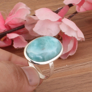 Bague pour femme en argent sterling avec serti clos en larimar naturel de la République Dominicaine, pierre précieuse bleu océan authentique, bijou de fête - Product Image 5