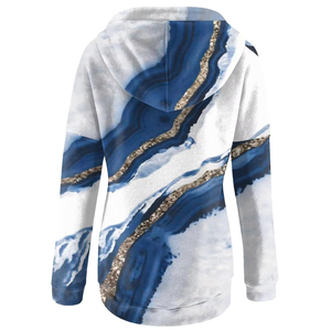 Sweat-shirt décontracté à manches longues pour femme, à boutons, imprimé, avec poches, motif marbré bleu et blanc - Product Image 2