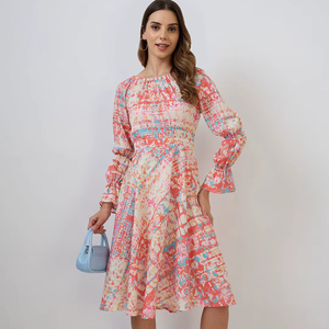 Vestido Midi Maxi de Mujer con Cuello Barco, Bordado Floral Naranja, Estilo Vintage, Mangas Largas, Diseño Cruzado, Sexy, para Fiesta, en Georgette - Product Image 1