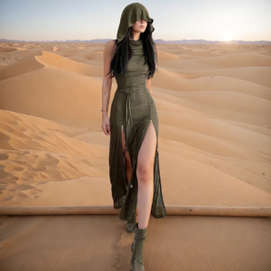 Vestido Maxi con Capucha Estilo Wasteland con Aberturas Altas Dobles, Verde Oliva, Chic Desértico, Vestido con Capucha y Recortes - Product Image 1