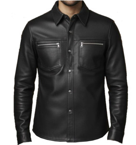 Chemise en cuir noir pour homme, manches longues, col rabattu, style motard, chemise décontractée, couleur unie, vêtements d'automne, mode cuir - Product Image 1