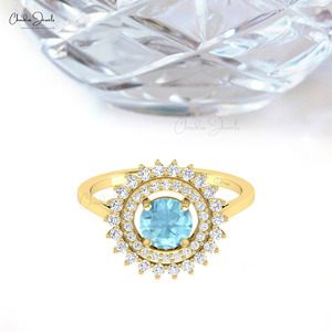 Natural 6mm Round Cut Aquamarine Floral Halo <b>Ring</b> with Diamond <b>Cocktail</b> <b>Ring</b> In 14k Solid <b>Gold</b> Celestial Jewelry for Women - Product Image 4