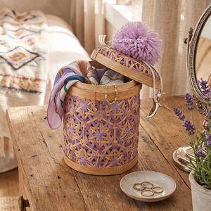 Handwoven Eco-Friendly <b>Mini</b> Round Bamboo <b>Storage</b> Gift <b>Box</b> with Colorful Lid Woven Organizer Basket for Ramadan Seasonal Gifting - Product Image 4