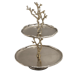 Luxury Metal 2-<b>Tier</b> Butterfly Ginkgo <b>Cake</b> Stand Nature Inspired Decorative Etagere Stainless Steel & Oxidized Brass Serving Tray - Product Image 2