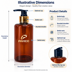 ขวดเครื่องสำอางทรงกลม PET สีเหลืองอำพัน พร้อมหัวปั๊มโลชั่น ยี่ห้อ Pavico พิมพ์ลายซิลค์สกรีน สำหรับผู้ผลิตบรรจุภัณฑ์ผลิตภัณฑ์ดูแลส่วนบุคคล ประเทศเวียดนาม - Product Image 6