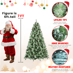 Albero di Natale Artificiale Realistico 2,1m (7ft) 1348PVC/Aghi Rigidi Misti con Punte a Ramo e Pigne, Base Pieghevole con Cerniere, Verde PET Premium - Product Image 2