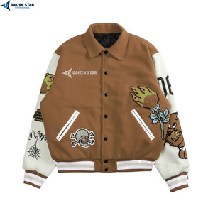 DAIZEN <b>STAR</b> Men Canvas Winter Varsity <b>Jacket</b> Blue White Sleeve Embroidered Skulls Rose Patch Design Turn-down Collar Single - Product Image 4