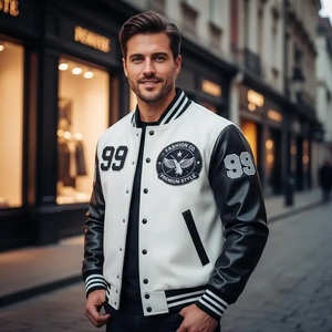 Veste universitaire blanche et noire pour homme – Veste en laine style Letterman avec manches en simili cuir, veste bomber de baseball - Product Image 1