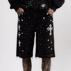 Shorts en jean baggy pour homme, style streetwear, vintage, délavé à l'acide, avec strass, ourlet brut et poches, design personnalisé - Product Image 6