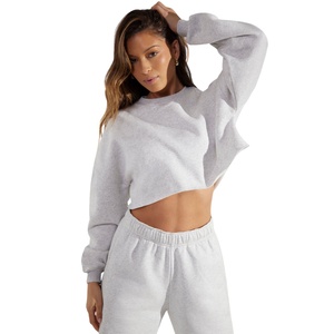 Sweat-shirt court à épaules tombantes en coton écologique pour femme, avec logo personnalisé, couleur unie, grande taille, style urbain, ourlet brut, collection Printemps-Été - Product Image 1