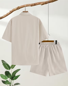 Men's Beige Short Sleeve Shirt Set Casual Summer Breathable Woven Cotton Shorts Button-Up Top Solid Color - Product Image 2