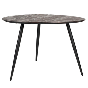 Mesa de Comedor de Madera de Teca con Patrón Geométrico Industrial, Acabado Marrón, Forma Irregular, Patas Redondas de Metal con Acabado Negro Mate para el Hogar y la Cocina - Product Image 1
