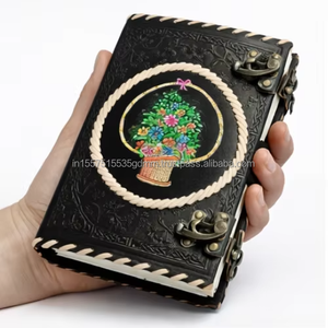 New Launch Hand Painted Handmade High Quality Black Leather Journal Flower Basket Art Vintage Notebook Metal <b>Lock</b> Leather - Product Image 2