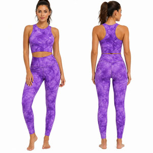 Ensemble de yoga 2 pièces pour femme, tie-dye violet, legging taille haute, crop top dos nageur à col rond, longueur intégrale, sans couture, en Spandex et Polyester - Product Image 2
