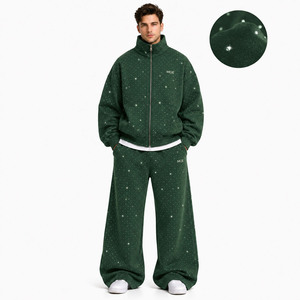 Wholesale Crystal Embellished Baggy Hoodies Relaxed Drape Joggers Full Zip Iced-Out Star Motif Men <b>Jacket</b> Fleece <b>Rhinestone</b> Sets - Product Image 1
