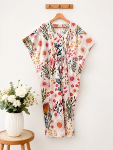 White Floral Cotton Kaftan <b>Dress</b>: Boho Beach Cover Up, Summer Maxi <b>Lounge</b> Wear - Product Image 1