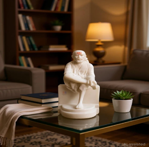 White marble statue of Sai Baba of Shirdi seated in his signature posture, displayed on a glass coffee table. - Product Image 1
