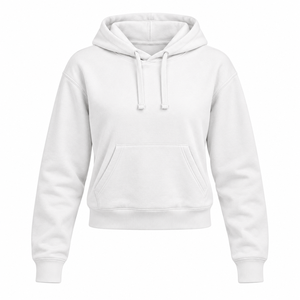 <b>Women's</b> <b>White</b> Cropped <b>Hoodie</b> Drop Shoulder Pullover Sweatshirt With Kangaroo Pocket Casual Solid Long Sleeve Top - Product Image 1