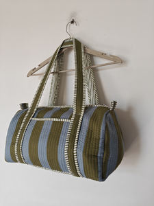 Sac de voyage matelassé en coton à rayures vertes, fermeture éclair, doubles poignées, unisexe |   Sac de week-end léger 20-35L - Product Image 4