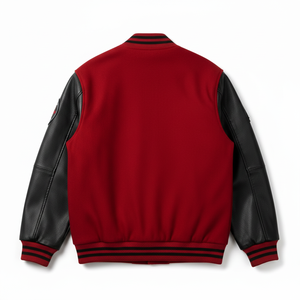 Veste universitaire rouge pour homme avec manches en cuir, numéro 28 brodé et motifs de patchs, tenue décontractée pour l'automne - Product Image 3