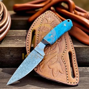 Couteau de chasse artisanal en acier Damas avec manche en pierre turquoise, lame pleine longueur, couteau à dépecer, couteau utilitaire pour le camping et les activités de plein air - Product Image 3