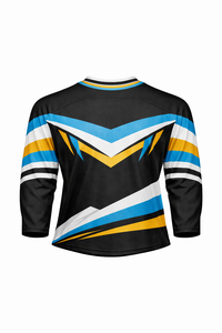 Camiseta de Fútbol Sublimada de Manga 3/4 para Hombre, Negra, Azul, Blanca y Amarilla con Estampado Geométrico, Absorbe la Humedad, Corte Atlético - Product Image 1