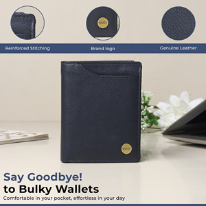 WRIZA Men's Genuine Leather <b>RFID</b> Blocking <b>Wallet</b> | Navy Blue Slim Bifold Open Coin Pocket Card Holder England Style Daily Use - Product Image 1