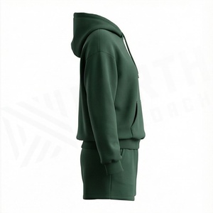 Conjunto de 2 Piezas para Mujer, Sudadera con Capucha y Pantalones Cortos de Felpa, Verde Sólido, Corte Holgado Informal, Transpirable, para Uso Diario - Product Image 3
