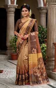 Sari de seda con estampado digital tradicional, con motivos florales y de diosas, para mujeres, ropa de boda de India y Pakistán. - Product Image 1