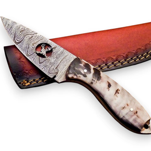 Couteau à lame fixe en acier Damas forgé, fourreau en cuir, EDC, pleine longueur, pour la chasse, le dépecage, le camping, manche en corne de bélier, OEM - Product Image 1