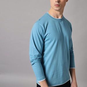 เสื้อยืดคอกลมแขนสั้นผู้ชาย ผ้าฝ้ายถัก 100% ทรงปกติ โอเวอร์ไซส์ สวมใส่สบาย ระบายอากาศได้ดี สีน้ำเงิน - Product Image 4
