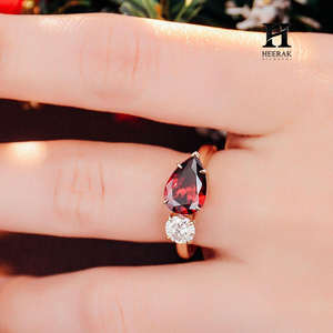 Luxury 2CT Red Pear Cut Lab Grown Diamond Engagement <b>Ring</b> 14K Yellow Gold <b>Two</b> <b>Stone</b> Toi et Moi <b>Ring</b> with Round Brilliant Accent - Product Image 3