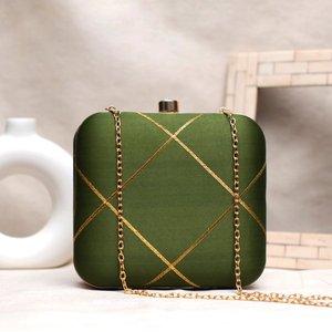 Olive <b>Green</b> And Golden Checks Embroidery Clutch Bag Elegant Designer Evening <b>Purse</b> for Women Events - Product Image 1