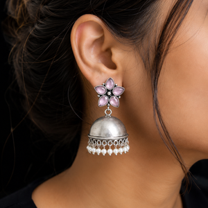 Boucles d'oreilles Jhumka en argent oxydé avec pierres roses, faites à la main, à franges de perles, bijoux ethniques de mode, vente en gros, fabricant - Product Image 4