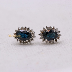 Wholesale 14K Solid White Gold Natural Oval Blue Sapphire Diamond <b>Halo</b> Cluster Prong Set Stud <b>Earrings</b> Fine Jewelry Memoria Jewe - Product Image 1
