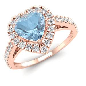 REYES Statement 14K Solid Gold IGI Certified <b>Diamond</b> Halo Ring Heart Shape 0.75 Carat Aquamarine Gemstone Fine <b>Jewelry</b> For Women - Product Image 2