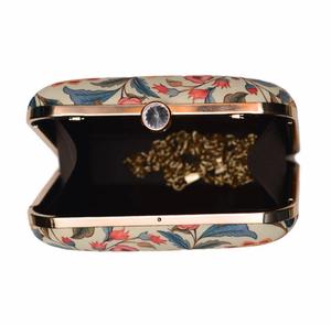 Elegant Floral Print Clutch Handbag Metal <b>Frame</b> Hard Case Premium Satin Fabric with Raw Silk Lining and Decorative Lock - Product Image 2