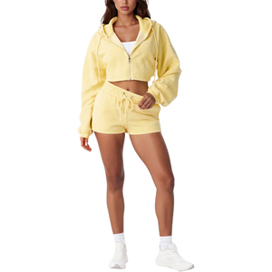 Ensemble de survêtement d'hiver pour femme, jaune, avec sweat à capuche court et pantalon long, léger, imprimé, style streetwear, taille élastique, coupe ample - Product Image 1