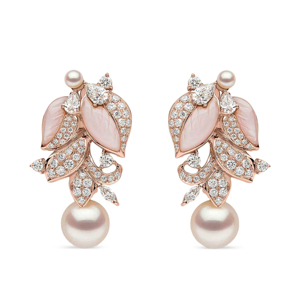 Boucles d'oreilles pendantes en or rose avec perles et design feuille pavée de diamants pour femme, bijoux de mariage, style luxueux - Product Image 1