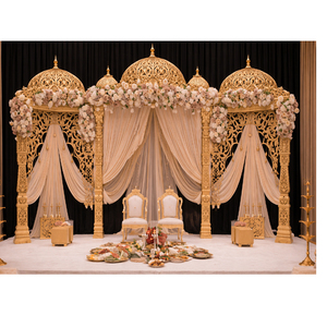 Mandap de mariage style Rajwada Bollywood avec scène intégrée, dôme indien traditionnel sculpté en fibre de verre, détachable, doré, taille personnalisable - Product Image 1