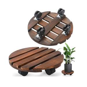 Chariot en bois robuste avec roulettes, support rond pour plantes sur roulettes avec roulettes métalliques verrouillables pour grands pots de fleurs d'intérieur et d'extérieur - Product Image 1