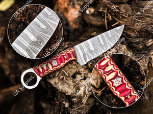 มีดแค้มปิ้งใบตายเหล็กดามัสกัสทำมือ คุณภาพสูง คมกริบ พร้อมรูสำหรับนิ้วมือ ด้ามไม้ปักก้า หุ้มหนัง - Product Image 2