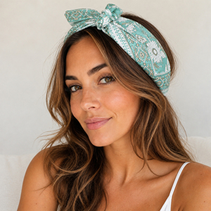 Diadema de Algodón con Estampado Floral Estilo Bohemio, Color Turquesa y Blanco, Accesorio Casual Transpirable de Verano para Unisex - Product Image 1