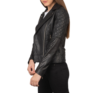 Chaqueta de Motociclista de Cuero Negra para Mujer, Cuello Alto, Cierre de Cremallera, Manga Larga - Product Image 2