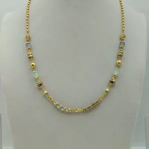 Collier traditionnel en perles dorées avec accents de pierres bleu aqua et grises et perles décoratives en filigrane pour femmes, idéal pour les occasions festives - Product Image 1