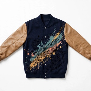 Veste d'hiver en laine avec manches en simili cuir, coupe-vent, écologique, imprimé graphique, col montant, fermeture à boutons pression, pour homme - Product Image 1