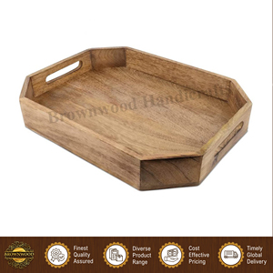 Elegante mesa de comedor de madera de mango natural de color quemado, hecha a mano, con bandeja para servir comida, de un exportador indio. - Product Image 6